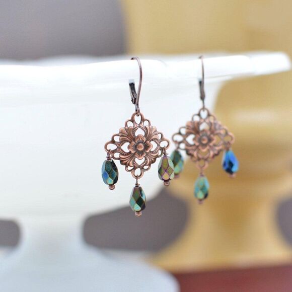 Antiqued Copper Art Nouveau Chandelier Earrings - Picture 2 of 2
